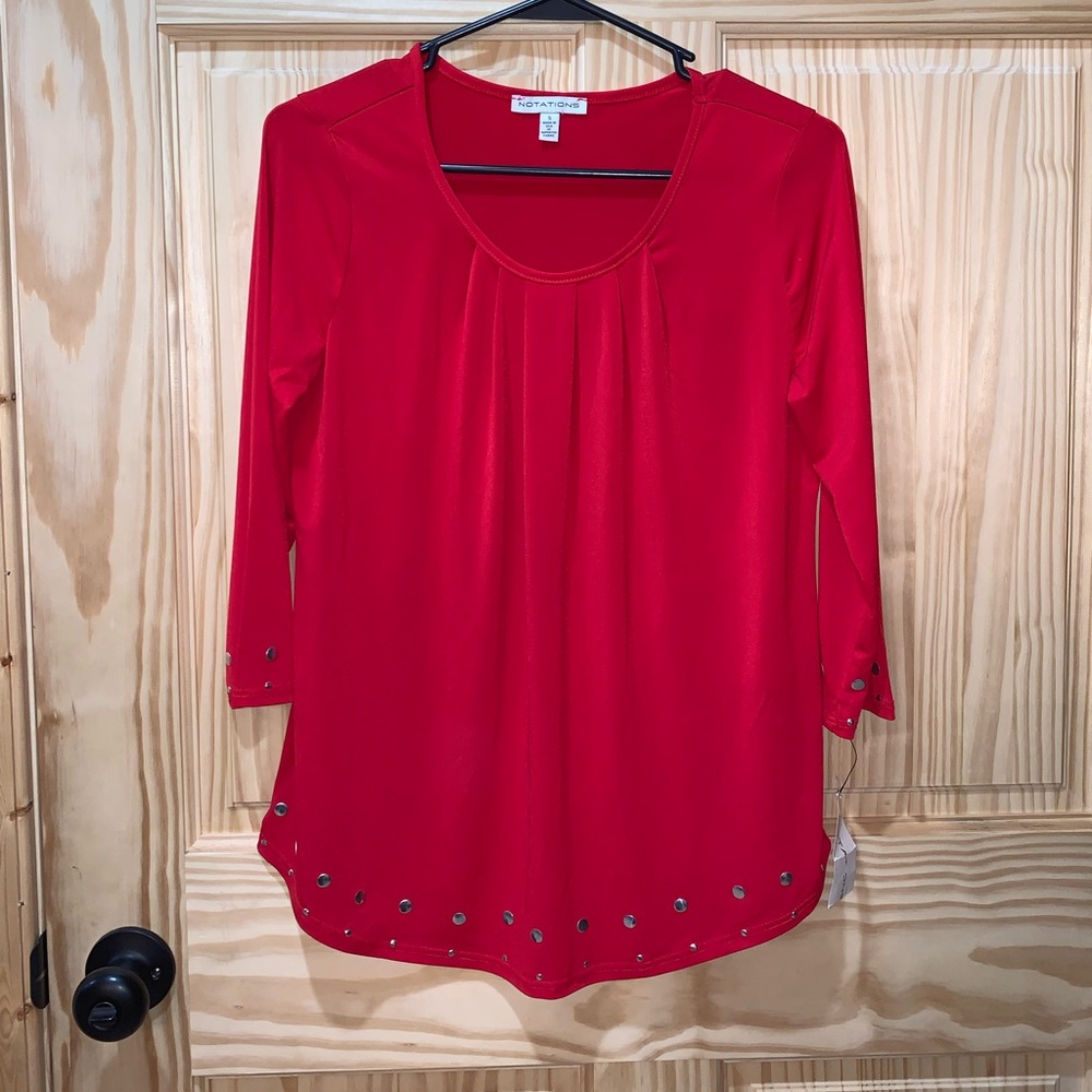 NWT Notations Red hot silver studs Dressy 3/4 sleeve shirt size S